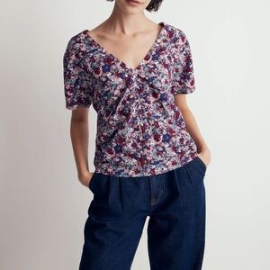 Madewell Puff-Sleeve Top Floral Seersucker Purple 8